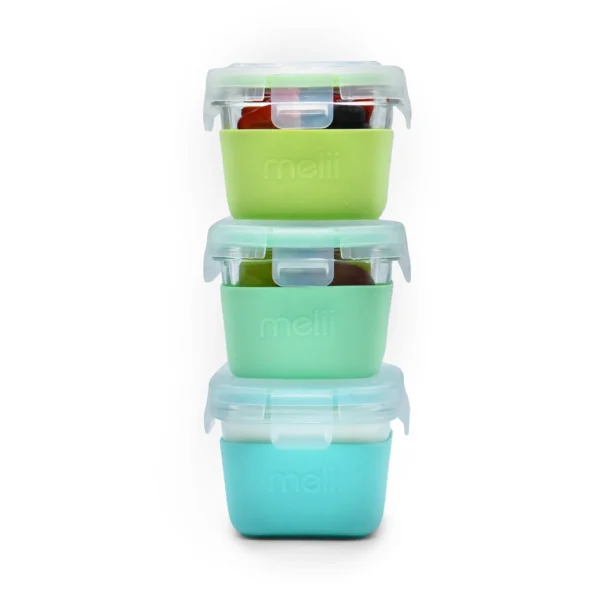 Melii – Glass Containers σε θήκες σιλικόνης (160ml set of 3) – mint,blue,lime