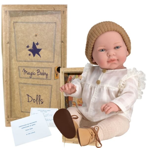 Magic baby κούκλα "Marina με λευκό πουκάμισο και καφέ σκουφάκι"-45εκ.