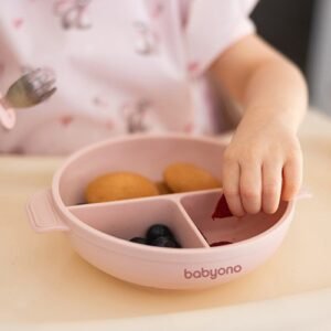 BabyOno: Πιάτο σιλικόνης με 3 θέσεις, καπάκι & βάση με βεντούζα - Ροζ