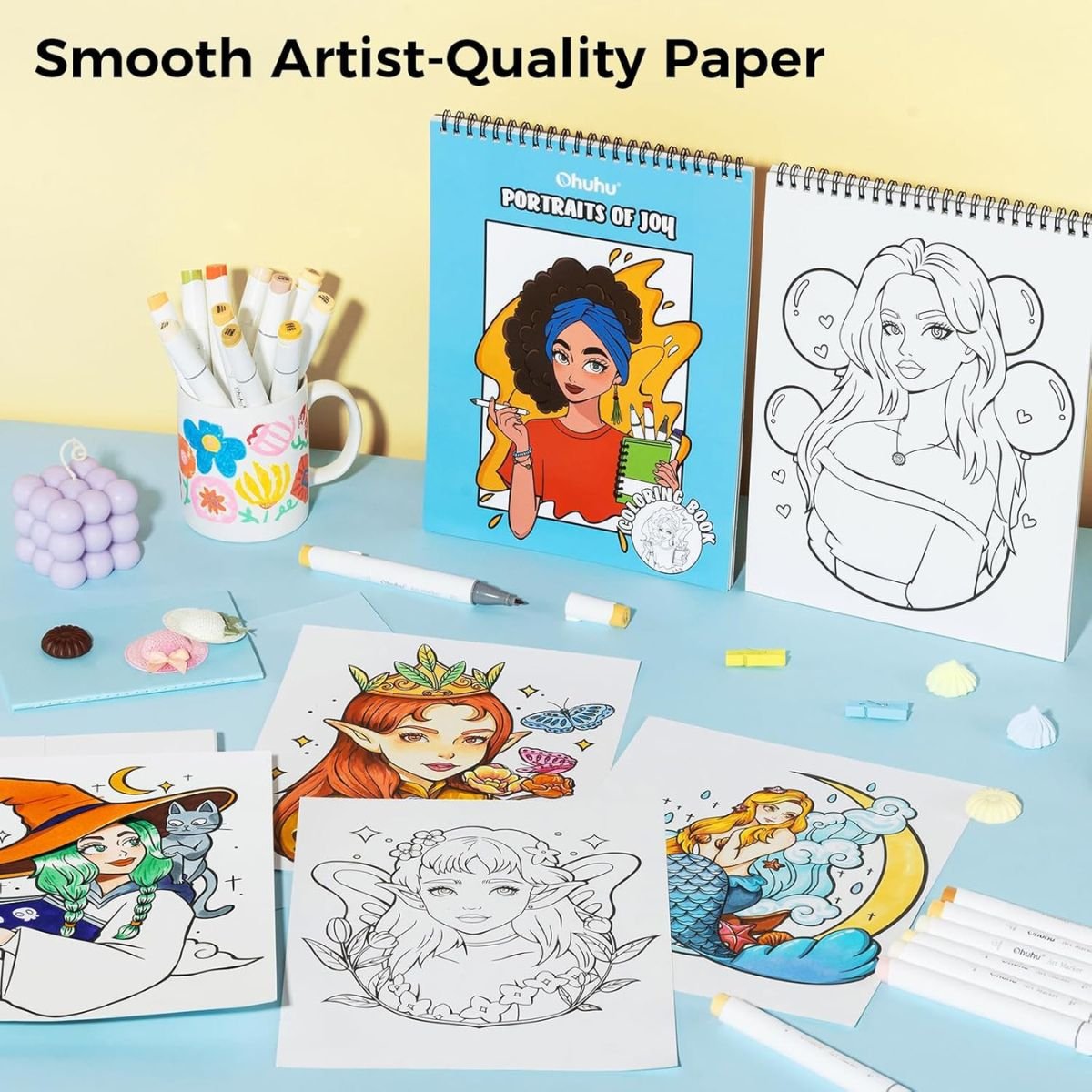 Ohuhu Bleedproof Coloring Book Portraits of Joy - Image 4