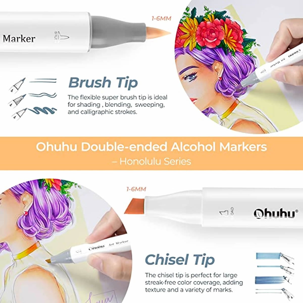 OHUHU Honolulu Alcohol Art Markers Σετ Μαρκαδόρων 48 χρωμάτων Brush & Chisel - Image 3