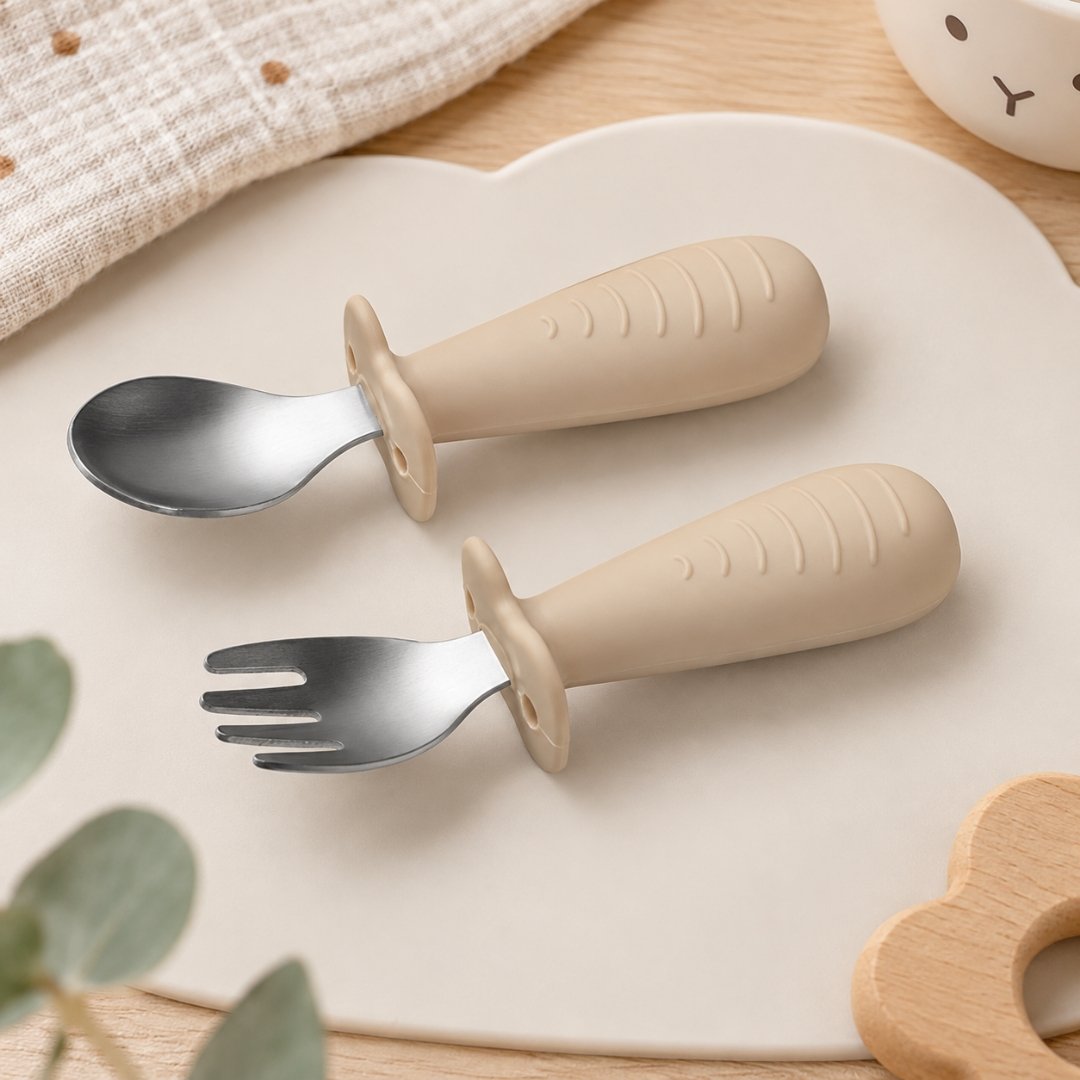 BabyOno: Σετ κουτάλι και πιρούνι από ανοξείδωτο ατσάλι Μπεζ